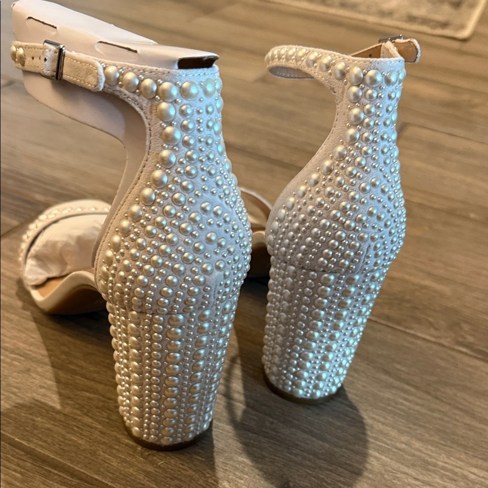 INC International Concepts White Pearl-Embellished Ankle-Strap Block Heel - Picture 7 of 9